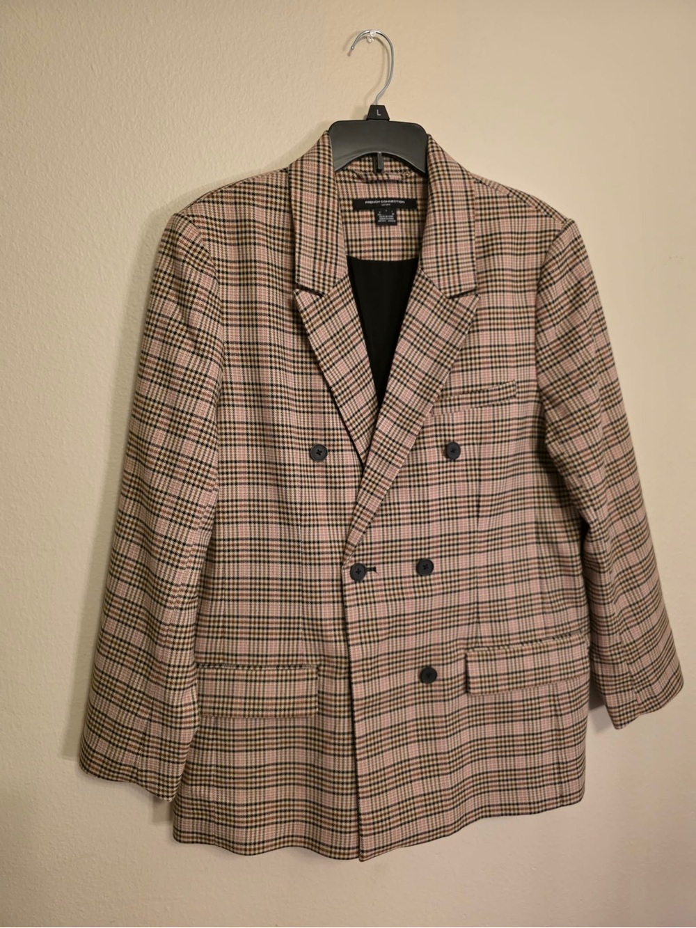 French Connection Pink and Black Plaid Double-Breasted Blazer